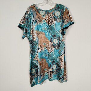 Women's Mini Dress Size L Colorful Blue Tan Lace Trim Summer Outerwear Casual